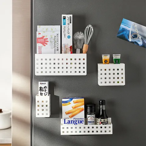 Scaffale Magnetico per Frigorifero Stile Giapponese Bianco Griglia Forata Organizzatore di Spezie a Parete per Cucina Bagno Scatola di Immagazzinaggio