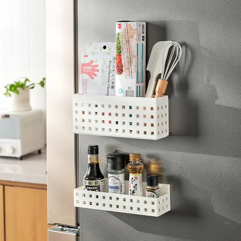 Scaffale Magnetico per Frigorifero Stile Giapponese Bianco Griglia Forata Organizzatore di Spezie a Parete per Cucina Bagno Scatola di Immagazzinaggio