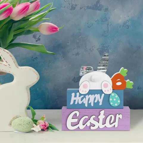 Lapin de Pâques Carotte Panneau en Bloc de Bois Décoration de Table de Cheminée Ornement en Bois de Plateau à Niveaux Fête de Printemps Décoration de Maison