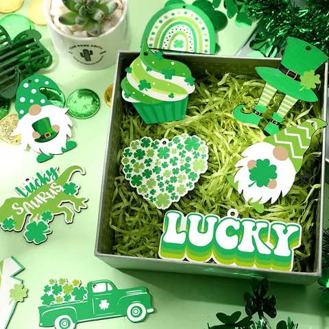 St. Patrick's Day Wooden Hanging Ornaments Set Clover Gnome Lucky Tiered Tray Decor Festive Party Supplies