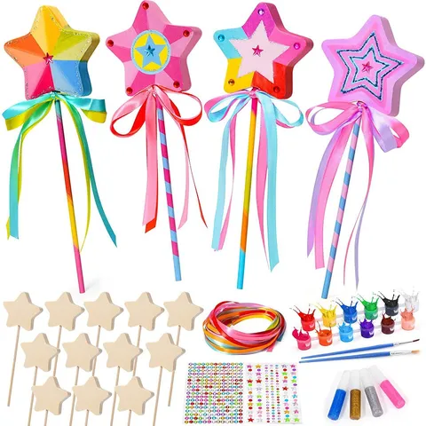 Kit de Bricolage de Baguette Magique Étoile Cœur Couronne en Bois pour Enfants Jouet Éducatif Fait Main avec Peintures Pinceaux