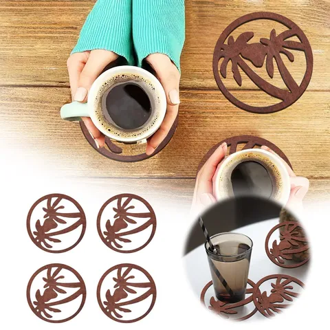 Houten Ronde Onderzetter Creatief Kokospalm Opengewerkt Ontwerp Warmte-isolerende Mat Desktop Bescherming Bruine Drank Onderzetter Set