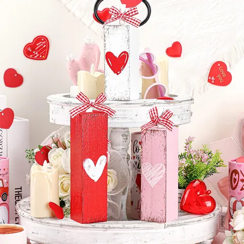 Valentines Day Wooden Table Centerpiece Tiered Tray Decor Love Heart Plaid Bow Block Sign Wedding Anniversary Gift
