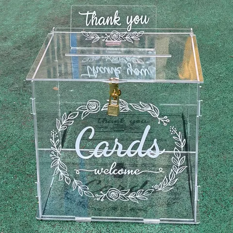 Transparent Acrylic Wedding Card Box With Lock And Thank You Sign Clear Money Gift Card Holder For Reception Party
