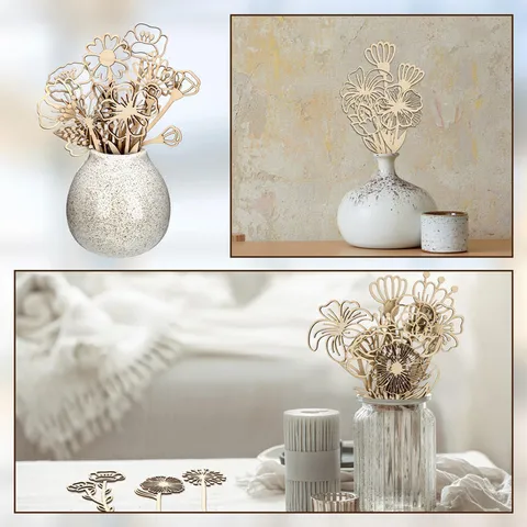 Décoration de Fleur Sauvage en Bois Découpe Laser Tige de Fleur Maison Fête Art DIY Artisanat Ornement Centre de Table Déco