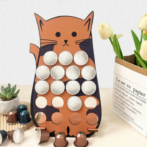 Wooden Cat Coffee Capsule Holder Cute Animal Design Coffee Pod Stand Storage Rack Home Kitchen Decor Organizer