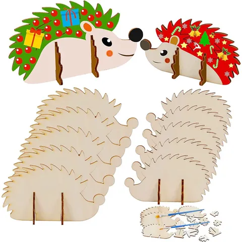 Wooden Hedgehog Wood Slices DIY Christmas Craft Ornaments Set Unfinished Natural Wood Animal Home Decor For Holiday Party