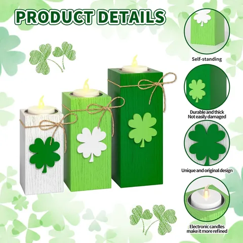 St Patricks Day Wooden Candle Holder Set LED Tea Light Stand Tabletop Centerpiece Home Festive Party Decor