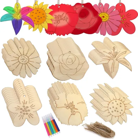 Onafgewerkte Houten Bloemen Schijven Ambachtelijke Set DIY Houten Uitsparingen Met Hennepvezel Touw En Markeerstiften Voor Kinderen Schilderen