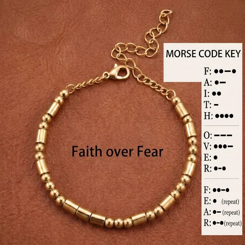 Faith Over Fear Morse Code Stainless Steel Bracelet For Men Women Inspirational Motivational Quote Beaded Chain Bracelet Jewelry Gift