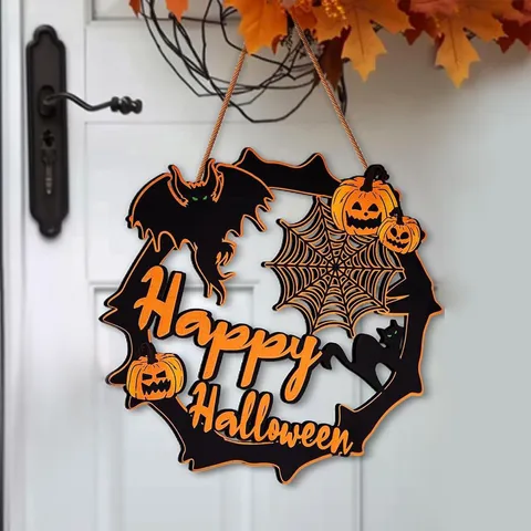 Halloween Wooden Hanging Sign Fall Decor Bat Pumpkin Hollow Wall Plaque Festival Door Hanging Ornament For Home Party