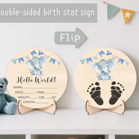 Wooden Baby Birth Stat Sign Milestone Photo Prop Hello World Newborn Announcement Wooden Disc With Stand Baby Nursery Decor