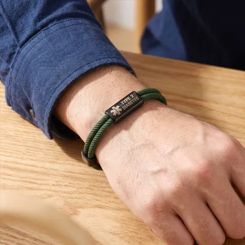 Bracciale Allerta Medica in Acciaio Inossidabile Intrecciato a Mano Corda in Nylon Regolabile Id Barra Geometrico Emergenza Diabete Tipo Due Unisex