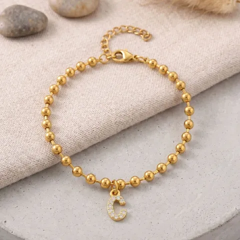 Braccialetto a Sfere in Acciaio Inossidabile Rame Strass Pendente Lettera Iniziale Oro Argento Gioielli Regalo Donna