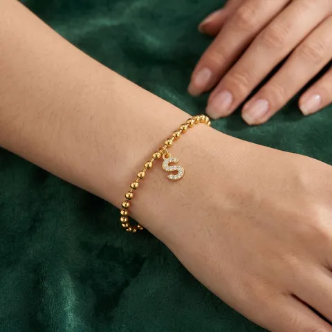 Braccialetto a Sfere in Acciaio Inossidabile Rame Strass Pendente Lettera Iniziale Oro Argento Gioielli Regalo Donna