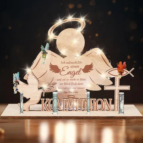 Portamonedas de Madera Letrero de Madera de Primera Comunión Con Luces LED Ángel Cruz Adorno de Mesa Regalo Religioso