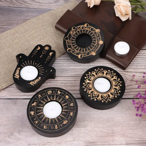 Wooden Candle Holder Tea Light Candlestick Astrology Moon Phase Mandala Tabletop Decor For Home Party