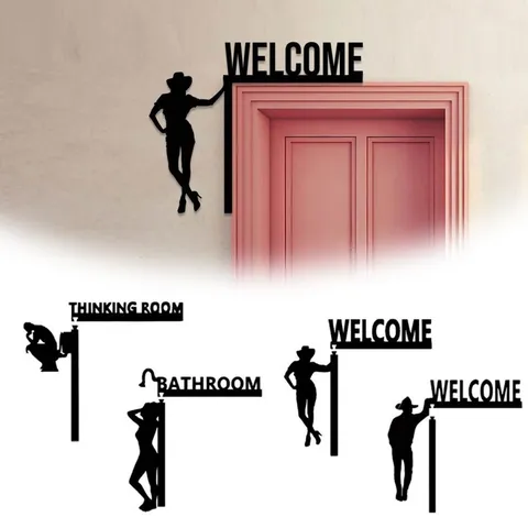 Funny Wooden Door Corner Decor Black Silhouette Wall Hanging Creative Bathroom Restroom Sign Home Decoration Art Ornament