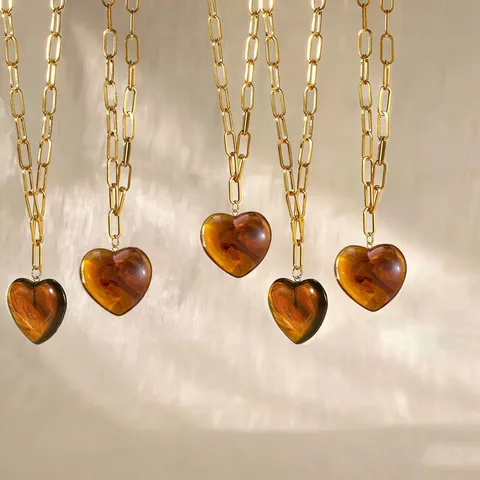 Mode Edelstahl Dicke Kette Bernstein Harz Herz Anhänger Halskette Personalisiert Damen Schlüsselbein Kette Choker Schmuck Geschenk