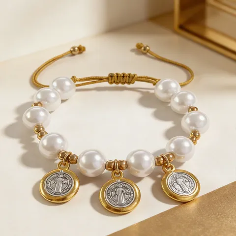 Bracelet Vintage en Alliage Perles Artificielles Médaille San Benito Or Perlé Cordon Réglable Chaîne de Poignet Bijoux Femme