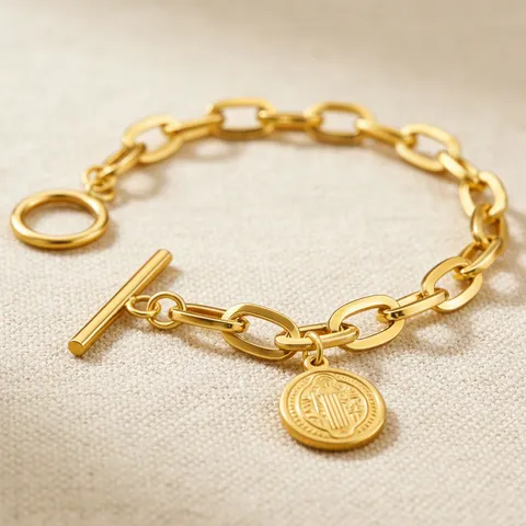 Pulsera Vintage de Acero Inoxidable con Medalla de San Benito para Hombre Mujer Cierre OT Oro Plata Cadena Gruesa Joyería Religiosa
