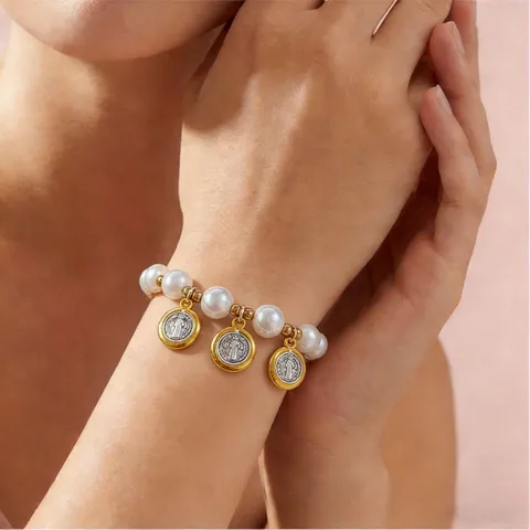 Bracelet Vintage en Alliage Perles Artificielles Médaille San Benito Or Perlé Cordon Réglable Chaîne de Poignet Bijoux Femme