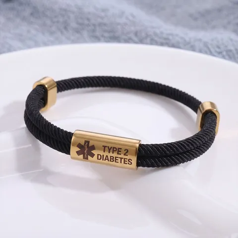Bracciale Allerta Medica in Acciaio Inossidabile Intrecciato a Mano Corda in Nylon Regolabile Id Barra Geometrico Emergenza Diabete Tipo Due Unisex