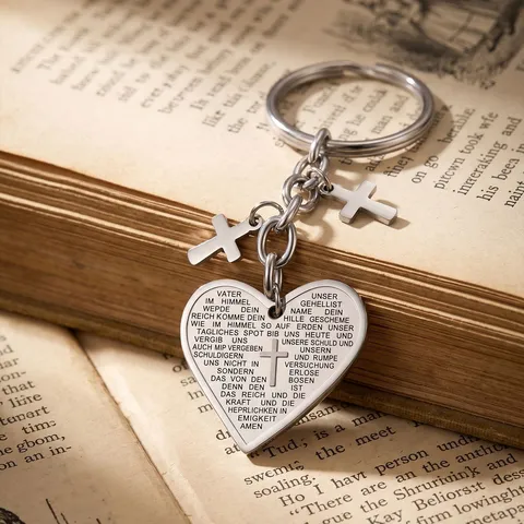 Vintage Stainless Steel Heart Cross Keychain With German Prayer Script Etched Religious Pendant Retro Fashion Key Ring For Women Men Jewelry