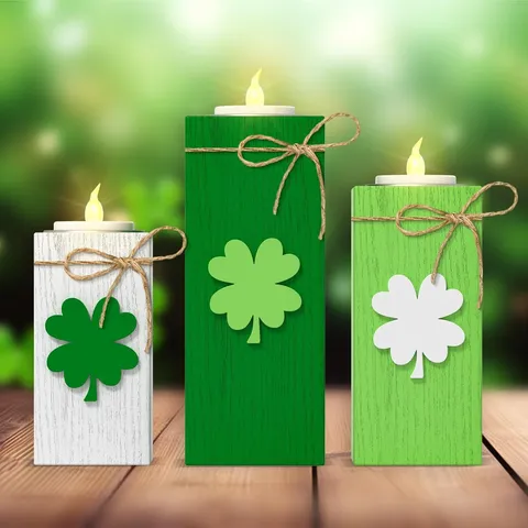St Patricks Day Wooden Candle Holder Set LED Tea Light Stand Tabletop Centerpiece Home Festive Party Decor