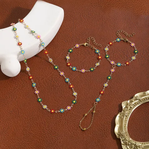 Juego de Joyas Floral Margarita Esmalte Aleación Color Caramelo Fresco Collar Pulsera Pulsera con Anillo para Mujer Verano Accesorios
