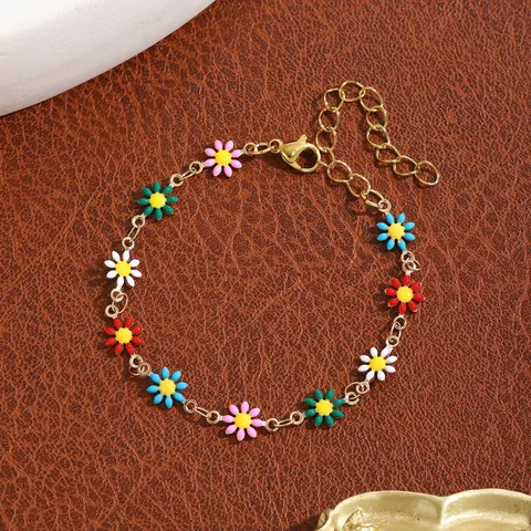 Juego de Joyas Floral Margarita Esmalte Aleación Color Caramelo Fresco Collar Pulsera Pulsera con Anillo para Mujer Verano Accesorios