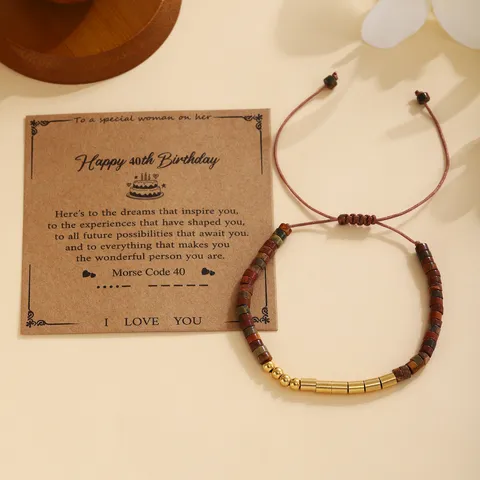 Stainless Steel Natural Stone Morse Code Birthday Bracelet Woven Nylon Rope Chain Bracelet With Greeting Card Gift For Women