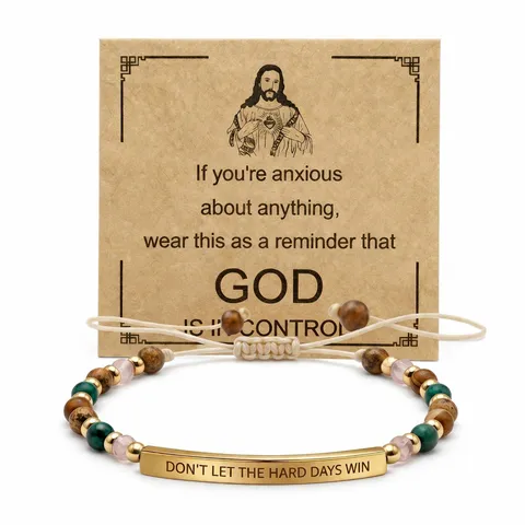 Bracelet Gravé en Tube Courbé Géométrique en Acier Inoxydable Corde à Main Réglable en Pierre Naturelle Bijoux Inspirants Cadeau Religieux Unisexe