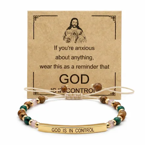 Bracelet Gravé en Tube Courbé Géométrique en Acier Inoxydable Corde à Main Réglable en Pierre Naturelle Bijoux Inspirants Cadeau Religieux Unisexe
