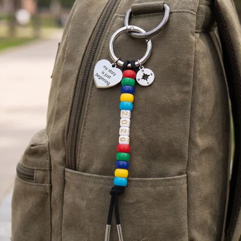 2026 Graduation Season Heart Compass Keychain Colorful Bead Bag Pendant Stainless Steel Inspirational Jewelry Gift For Graduates