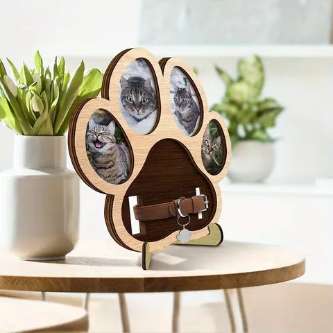 Moderne Minimaliste Bois Massif Mémorial pour Animal Cadre Photo Ornement de Bureau Forme de Patte de Chat Support de Collier Décoration