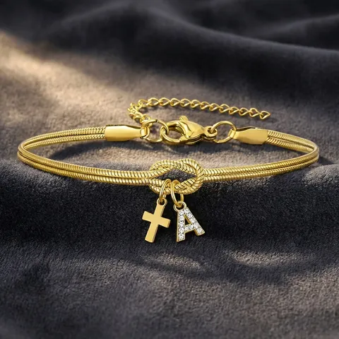 Bracciale in Acciaio Inossidabile con Nodo Concentrico Catena a Serpente Rotonda Strass Lettera Iniziale Croce Ciondolo Gioielli Unisex
