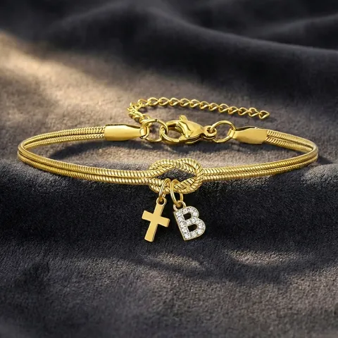 Bracciale in Acciaio Inossidabile con Nodo Concentrico Catena a Serpente Rotonda Strass Lettera Iniziale Croce Ciondolo Gioielli Unisex