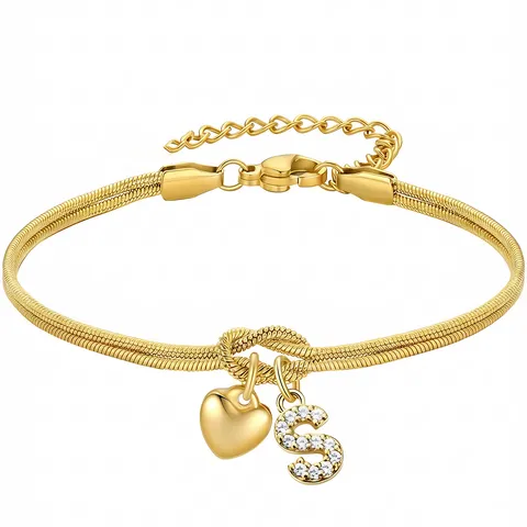 Braccialetto a Catena di Serpente con Nodo in Acciaio Inossidabile di Moda Con Lettera dell'Alfabeto in Strass e Ciondolo a Cuore Gioielli Regalo per Donna