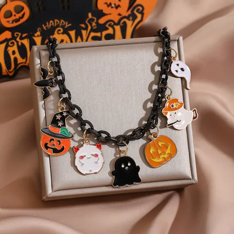 Collana in Acciaio Inossidabile di Halloween Donna Pipistrello Cappello da Strega Zucca Ciondolo Fantasma Gothic Punk Catena Nera Gioielli