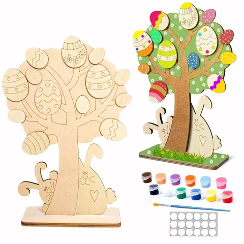Pâques Œuf en Bois Lapin DIY Artisanat Ornement Enfants Peinture Graffiti Jouet Vacances Décoration Maison