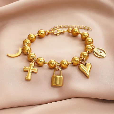 Vintage Roestvrij Stalen Charm Armband Voor Dames Vergulde Kralenketting Kruis Hart Slot Maan Hanger Polsband Mode Sieraden