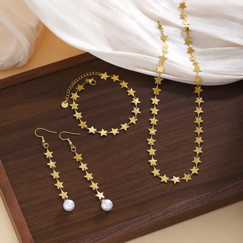 Set Gioielli Stella Acciaio Inossidabile Collana Bracciale Orecchini Nappa Perla Artificiale per Donna Oro Argento Gioielli Stella