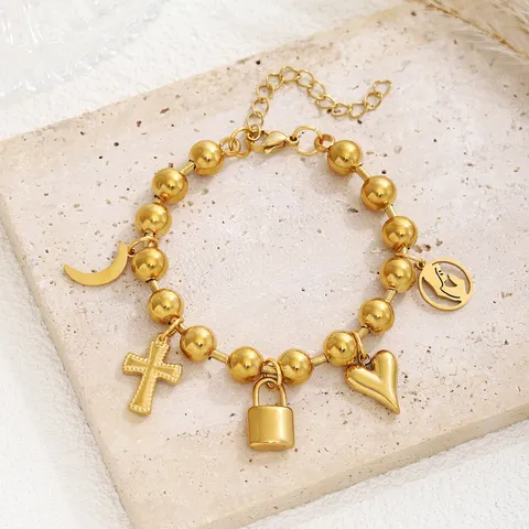 Vintage Roestvrij Stalen Charm Armband Voor Dames Vergulde Kralenketting Kruis Hart Slot Maan Hanger Polsband Mode Sieraden