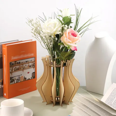 Wooden Puzzle Flower Vase Display Stand Desktop Bouquet Holder Insert Bracket For Home Office Table Decor Ornament