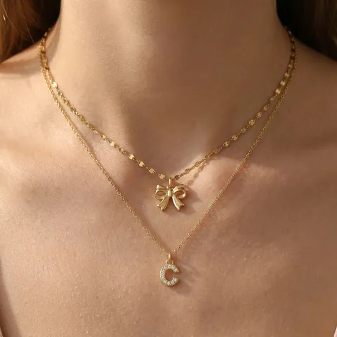 Collana con Pendente a Doppia Lettera Iniziale con Fiocco in Acciaio Inossidabile per Donna Collana con Alfabeto Strass Oro Argento Gioielli