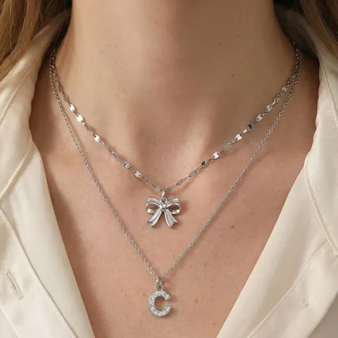 Collana con Pendente a Doppia Lettera Iniziale con Fiocco in Acciaio Inossidabile per Donna Collana con Alfabeto Strass Oro Argento Gioielli