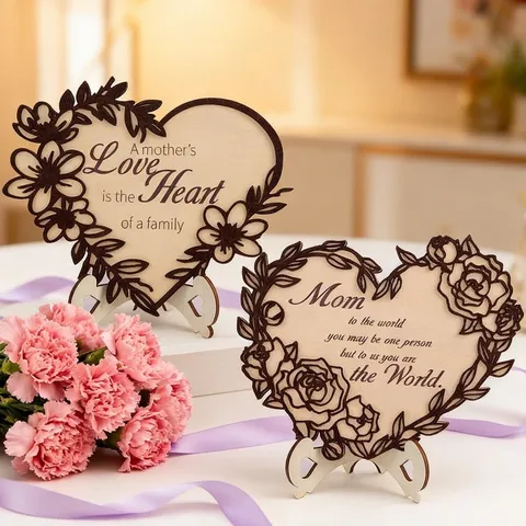 Adorno de Corazón de Madera para el Día de la Madre Decoración de Escritorio de Encaje Hueco Letrero de Mesa Creativo Regalo con Soporte