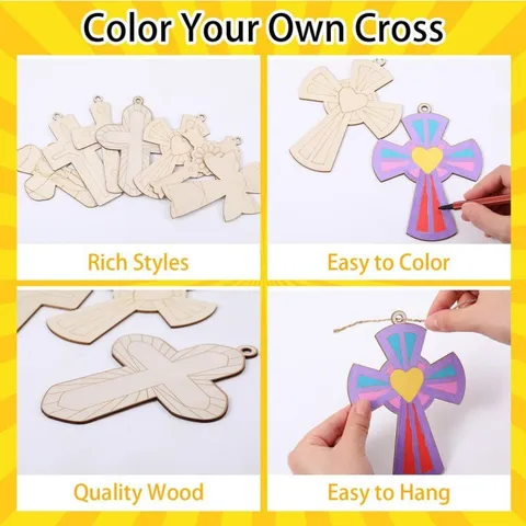 Pendentifs de Croix en Bois Non Finis DIY Peinture Artisanat Tranches de Bois Avec Cordes Pour Décoration de Fête