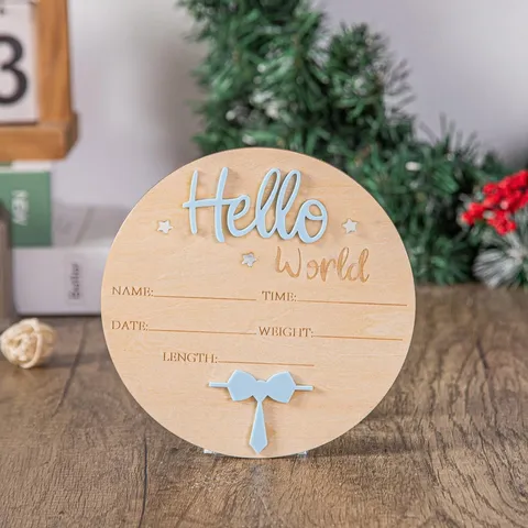 Targa Annuncio Nascita Neonato in Legno Hello World Segno di Milestone Decorazione Cameretta Neonato Regalo Battesimo